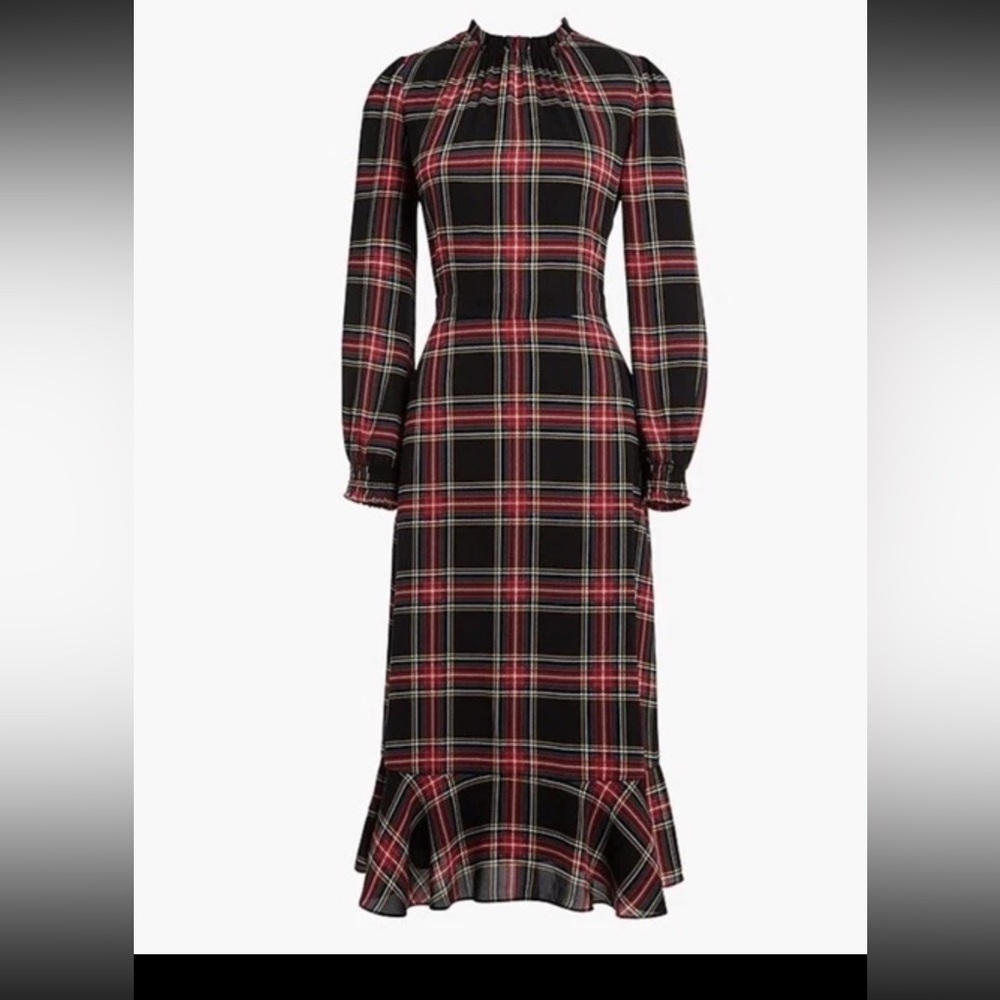 NWOT J. Crew Black and Red Plaid Long-Sleeve Midi Dress